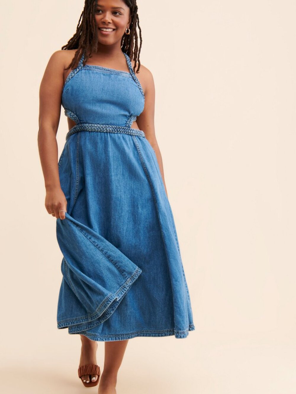 Anthropologie Square-Neck Patchwork Denim Midi Dress Pilcro Size 6